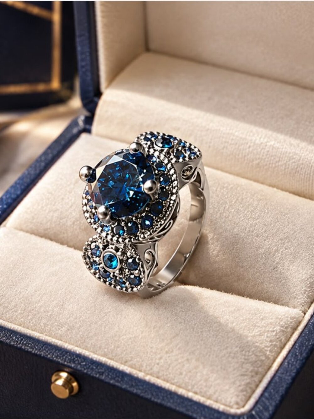 Blue Crystal Ring Elegant Silver-Tone – Ornate Vintage Style (Size 7)